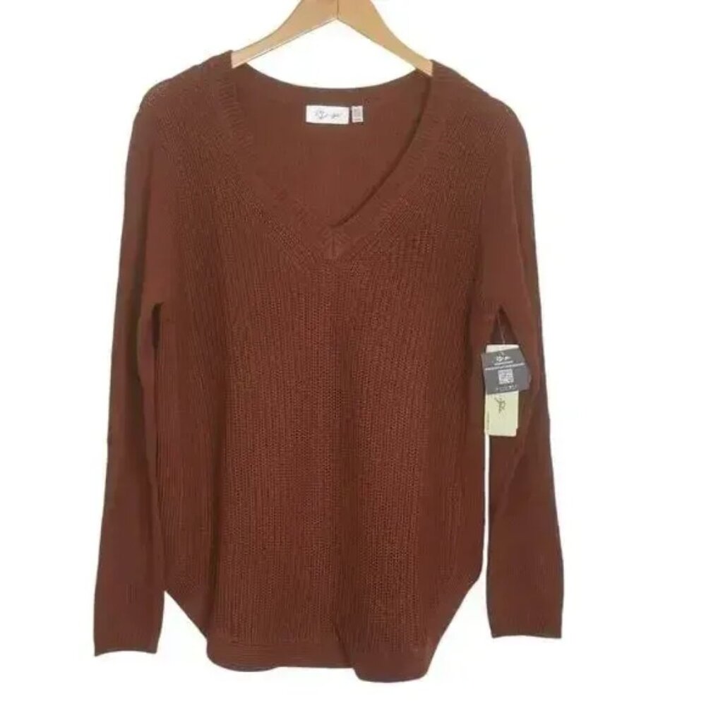 RD Style Rust V-Neck Long Sleeve Curved Hem Cotton Blend Sweater Casual XL